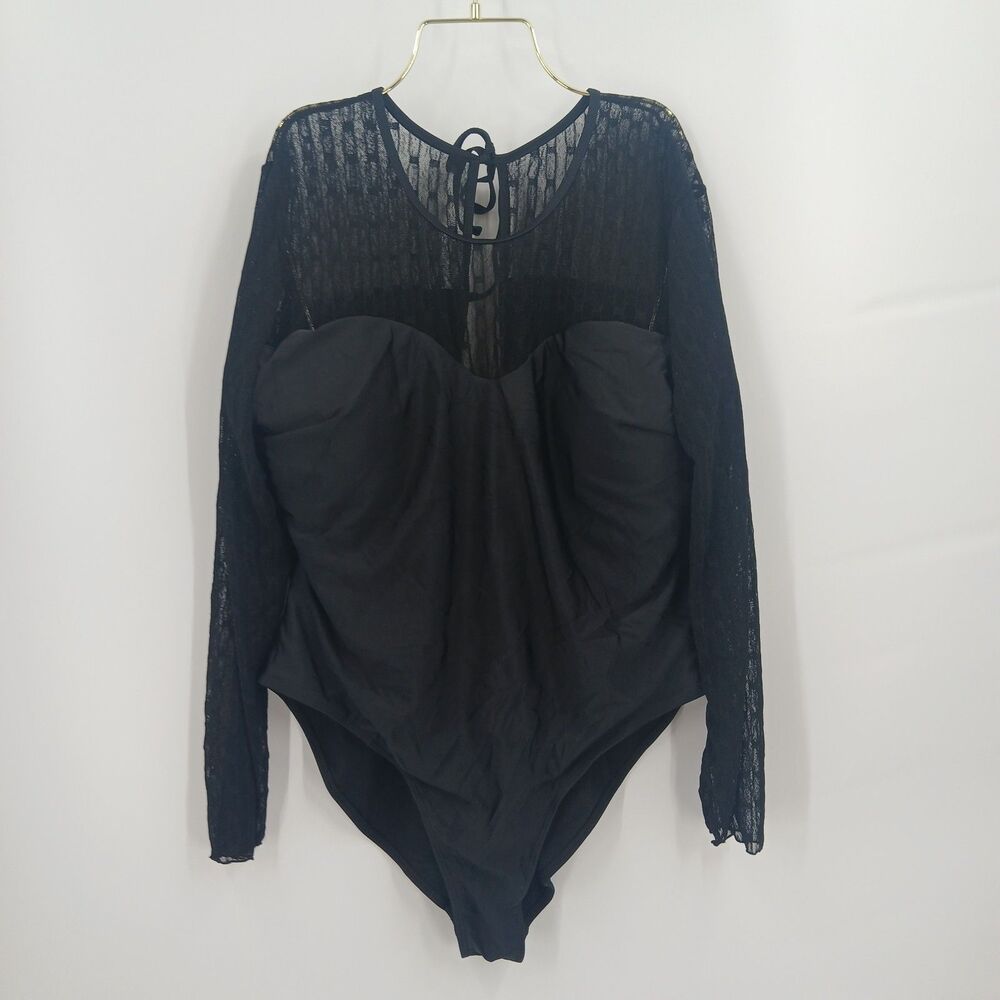 womans plus size 4X black long sleeve mesh one piece bathing suit swimwear